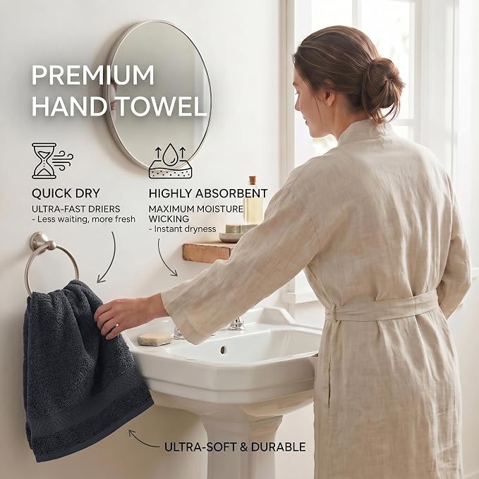 RIVERSIDE 6-Pack Premium Hand Towels Set, 16x28 inches, 100% Ring Spun Cotton, Super Soft, Quicker to Dry and Highly Absorbent, Towels for Bathroom, Kitchen, Gym, (Charcoal Gray)