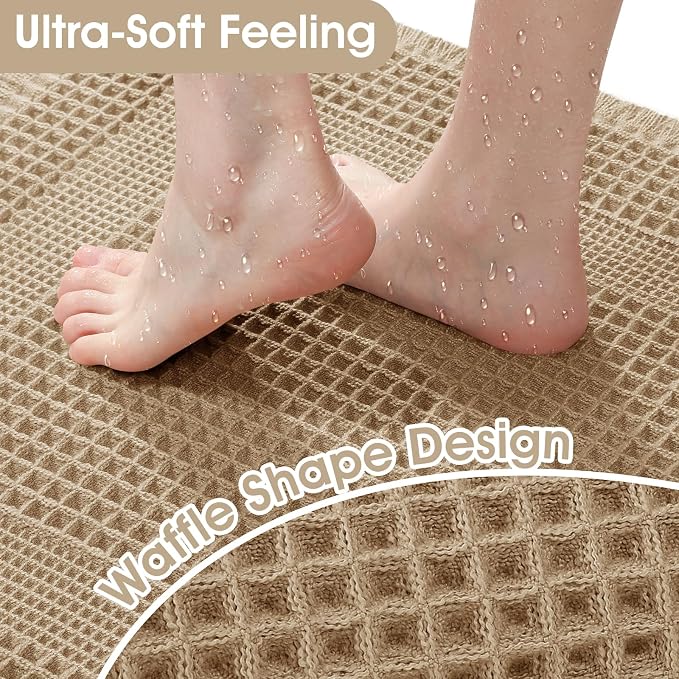 Upgraded Waffle Bath Mat, 32"x20" Beige-Looped, Super Absorbent Non-Slip Quick Dry Bathroom Rugs with Tassels, Machine Washable Ultra Soft Boho Bath Rugs for Floor, Toilet Mats Boho Farmhouse Decor