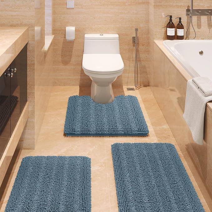 SmileYes Striped Haze Blue Bathroom Rug Set 3 Pieces Ultra Soft, Non Slip Chenille Bath Carpet, Absorbent Plush Shaggy Bath Mats for Bathroom, Bedroom, Stone Blue