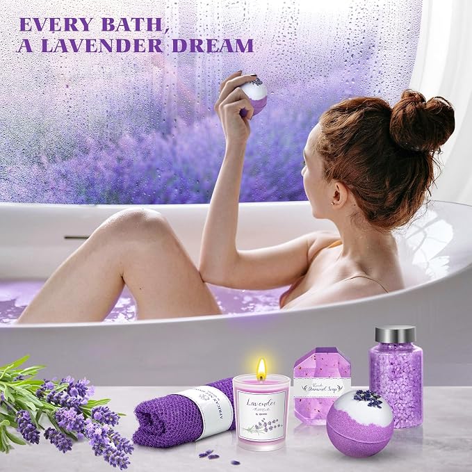 Qivatex Lavender Gift Set for Women, Relaxing Spa Bath Self Care Basket Set | Unique Purple Birthday, Christmas, Mothers Day, Valentines, Holiday Gift, Gift for Her, Mom, Wife, Girlfriend, Sister, Auntie