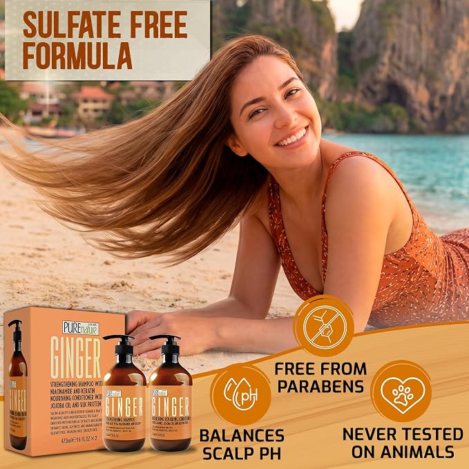 Ginger Shampoo and Conditioner Set - Sulfate Free, Zero Paraben Blend - Scalp Stimulating Treatment - Anti Itch, Volumizing, Salon Strengthening - Repair Hair for Women and Men - 16 Fl Oz (Set of 2)