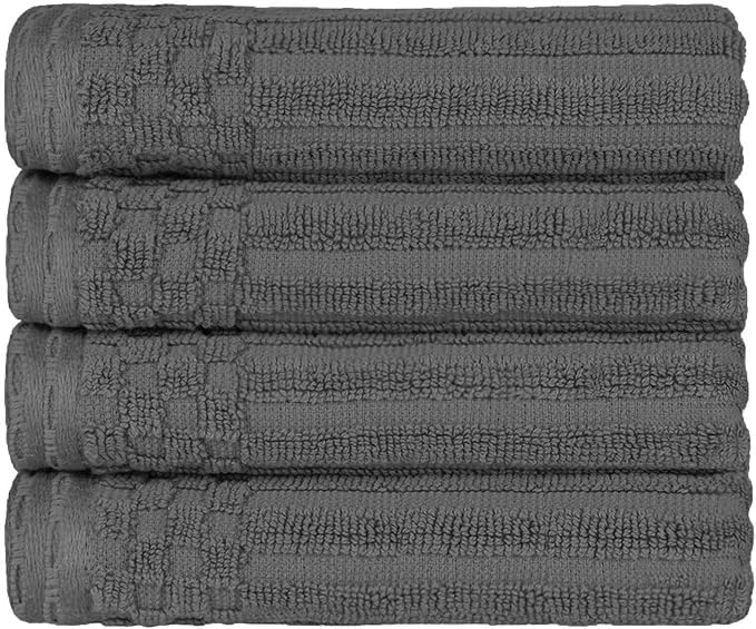 Superior Cotton 4-Piece Solid and Ribbed Hand Towel Set, Hand Towels- 16" x 28", Charcoal