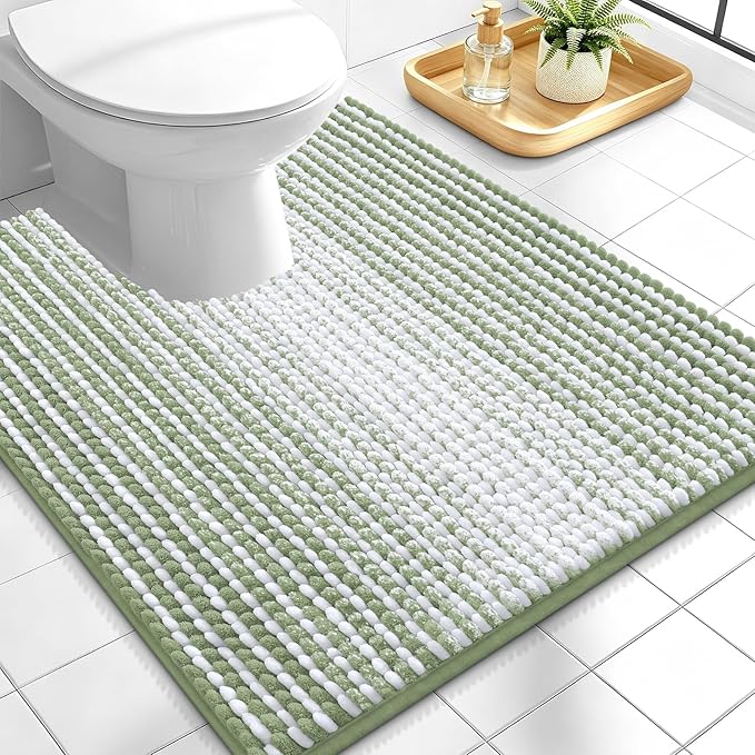 OLANLY Toilet Rugs U-Shaped 24x20, Extra Soft Absorbent Chenille Striped Contour Bathroom Rugs for Toilet, Dry Quickly, Machine Washable, Non-Slip Bath Mat, Sage Green