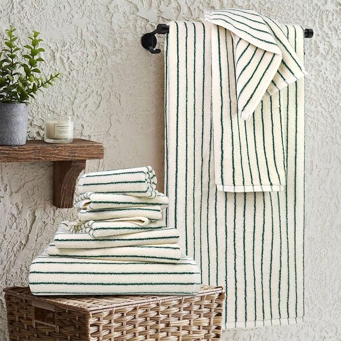 Jacquotha 8 Piece Green Towel Set, Super Soft & Absorbent Cotton Striped Towels for Bathroom Decor, 2 Bath, 2 Hand, 4 Washcloths