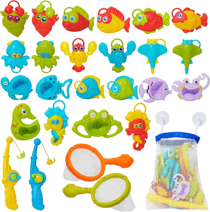 Toddler Bath Toys for Kids Ages 1-3, Mold Free Bathtub Pool Water Table Toys with Pole Rod Net & Plastic Floating Fishes, Outdoor Water Toys for Kids Toddlers Birthday Gifts Aged 2-4 3-5 4-8