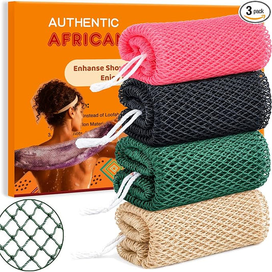 African Net Sponge Authentic, 4 Pieces African Exfoliating Net Sponge Body Back Scrubber Exfoliating Washcloth for Shower Bath for All Types (Black+Olive Green+Pink+Champagne Gold, 4 Pcs)