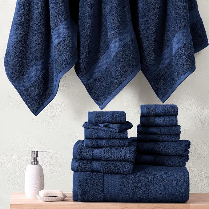LANE LINEN Cotton Bath Towel Set - 18 Piece - Low Twist, Soft & High Absorbency - 4 Bath, 8 Wash Cloth, 6 Hand Towels - Classic Hotel Quality, Durable & Ideal for Modern Bathrooms - Navy Blue