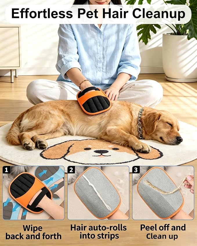 2 Pack Pet Hair Removal Gloves, Reusable Electrostatic Dog Cat Hair Remover Glove for Furniture Car Seats Clothing, Washable Grooming Mitts for Shedding-Orange | 2 Pack Pet Hair Removal Gloves