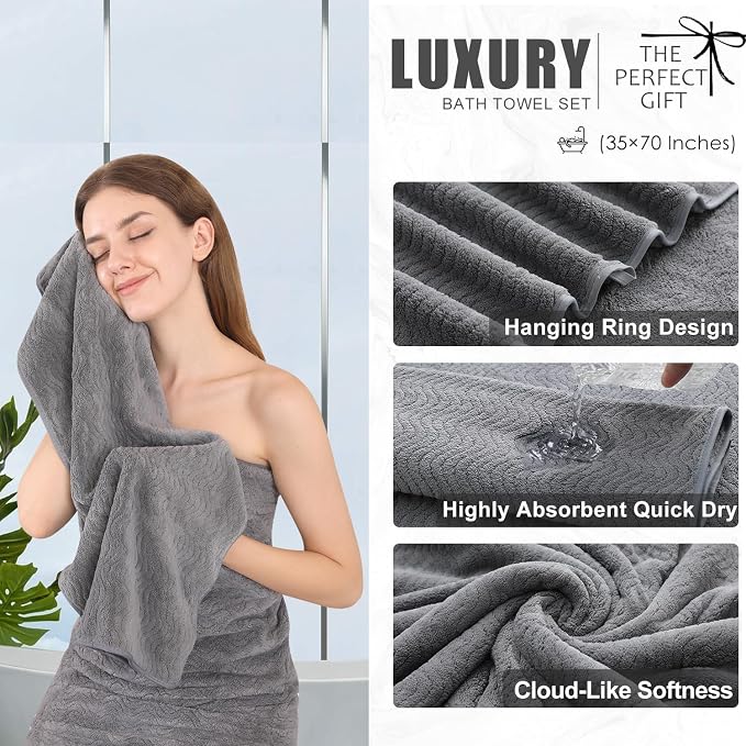 8 Piece Bath Towel Set Grey |2 Oversized Large Bath Sheet,2 Hand Towels,4 Washcloths| Ultra Soft Cozy Bath Towel Set for Bathroom Hotel Gym Spa,Highly Absorbent & Quick Dry Bathroom Towel Collections