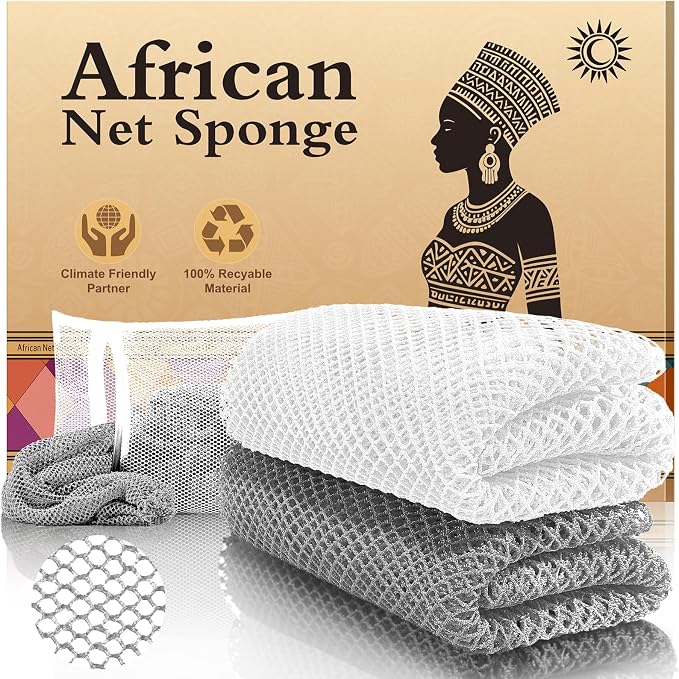 Authentic African Net Sponge (2PCS) - Exfoliating Bath Tool, Face/Body Exfoliator, Travel Compact, Long-Lasting & Hypoallergenic(White,Grey)