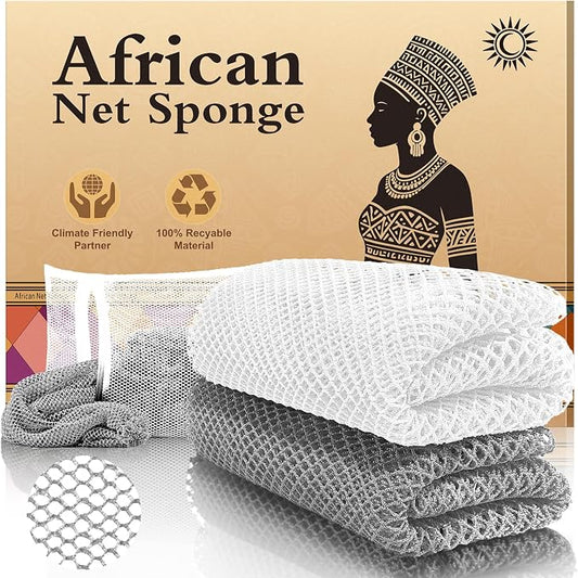 Authentic African Net Sponge (2PCS) - Exfoliating Bath Tool, Face/Body Exfoliator, Travel Compact, Long-Lasting & Hypoallergenic(White,Grey)