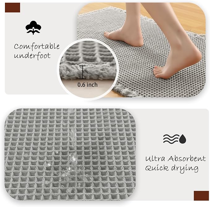 DWCN Grey Waffle Bathroom Mat, Boho Bath Rugs Super Absorbent Non Slip Bath Mats for Bathroom Floor, Ultra Soft Farmhouse Shower Mats for Tub and Shower, 20 x 32 Inch