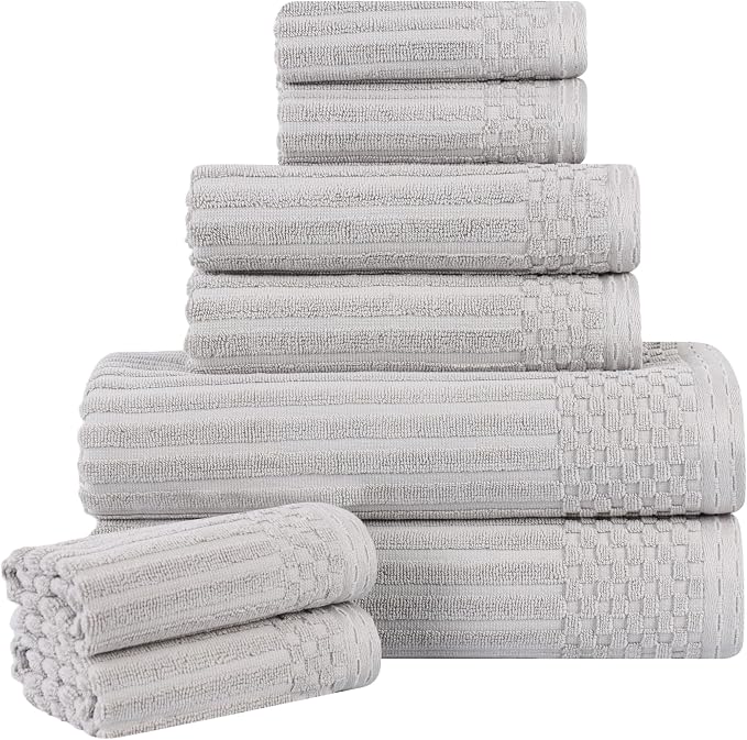 Superior Cotton 8-Piece Solid and Ribbed Towel Set, Face Towels 13” x 13”, Hand Towels 16” x 28”, Bath Towels 27” x 54”, Silver