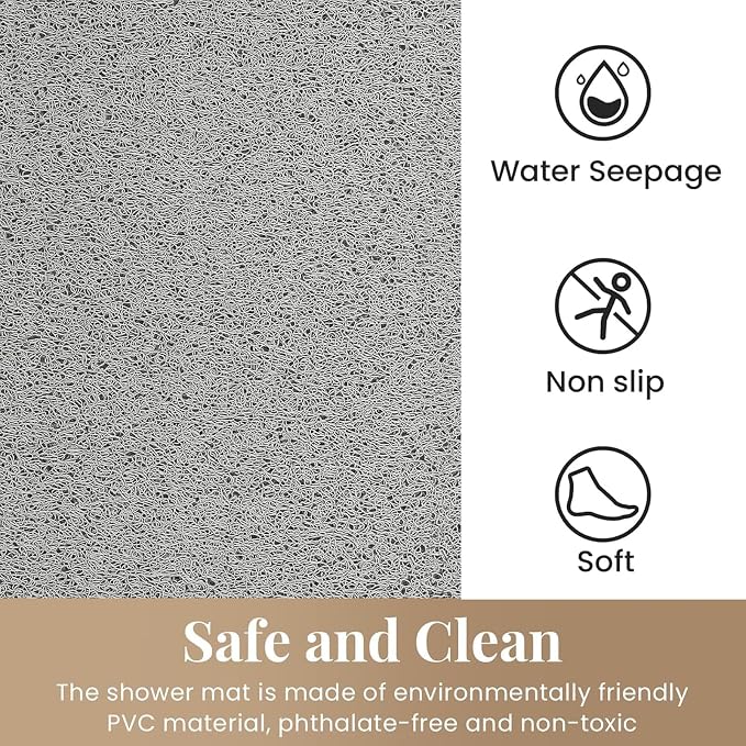 Shower Mat Bathtub Mat Non-Slip,32x24 inch, Soft Tub Mat with Drain,PVC Loofah Bath Mat (Phthalate Free) for Tub and Bathroom,Quick Drying,Grey