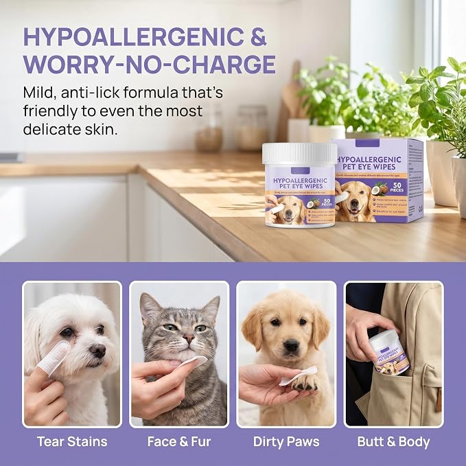 JoanofArc Eyes Wipes for Dogs, Pet Tear Stain Remover Wipes, Hypoallergenic Pet Glove Wipe for Dogs & Cats, Gently Remove Discharge, for Fur, Butt, Paws, Eyes, Ears, Quick Clean & Deodorizing, 50PCS
