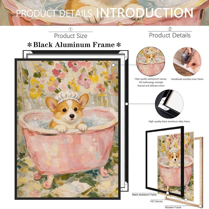 Cute Corgi Bath Time Wall Art Whimsical Floral Bathroom Poster Textured Oil Painting Print of Puppy in Pink Tub Aesthetic Wall Decor for Powder Room Apartment Pet Lover 16X24 in Unframed