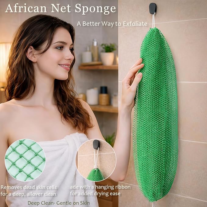 African Net Sponge Authentic, 4 Pcs Exfoliating Net Sponge for Bath, 45 Inch Long Stretch Back Scrubber for Women and Men, Exfoliating Shower Scrubber(Black+Olive Green+Pink+Champagne Gold, 4 Packs)