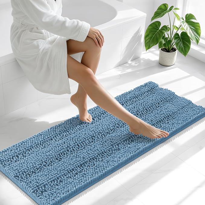 Smiry Thick Chenille Bathroom Runner Rugs 47x17, Extra Absorbent Striped Bath Mat, Machine Washable, Rubber Backing, Long Bath Rugs for Tub & Shower, Modern Home Decor Accessories, Airy Blue