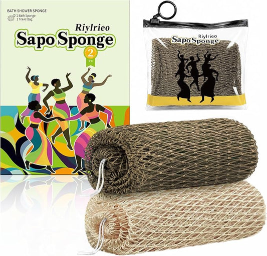 African Net Sponge for Shower, 2PCS Exfoliating Shower Sponge with Waterproof Travel Bag, Quick-Drying African Wash Cloth for Deep Cleansing & Smooth Skin (Linen & Light Brown)