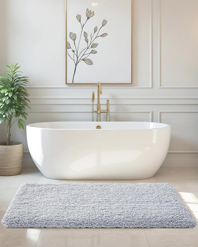 ILANGO Silver Bathroom Rugs 48" × 24" Non Slip & Super Absorbent Extra Thick Soft, Washable Bath Mat for Floor, Microfiber Plush Shaggy Bath Rug with Tub for Bathtub Shower Room Sink