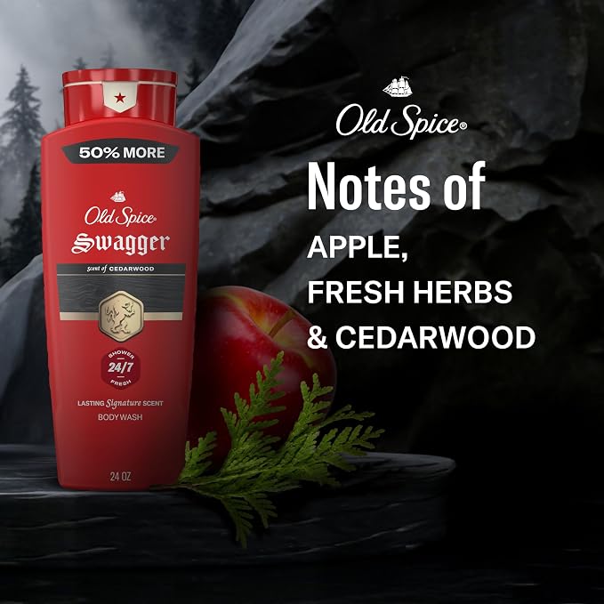 Old Spice Refreshing Body Wash for Men, 3X Defense, 24/7 Shower Fresh with Long Lasting Scent, Red Collection, Swagger with Cedarwood Scent, 24 oz (Pack of 4)
