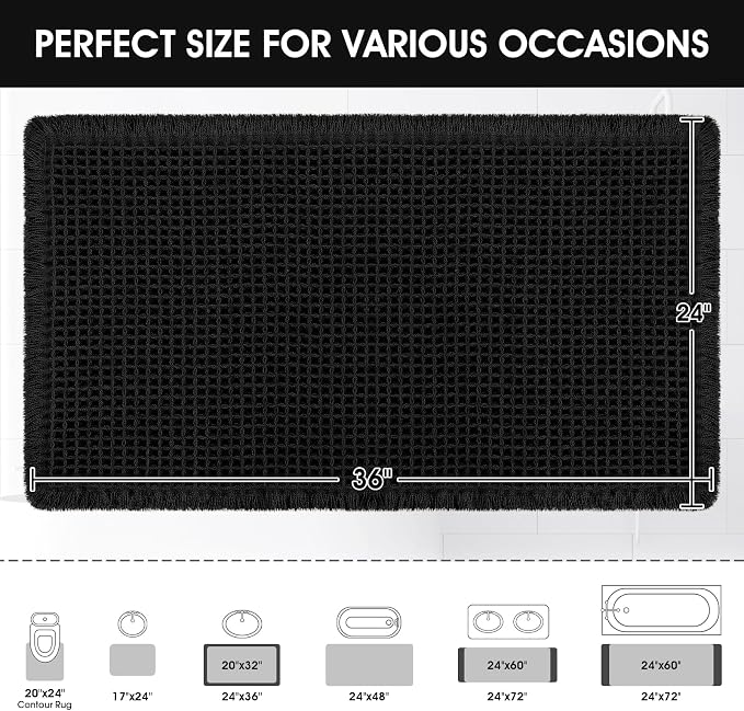 ACCUMTEK Upgraded Waffle Bath Mat, 36"x24" Black, Super Absorbent Non-Slip Quick Dry Bathroom Rugs with Tassels, Machine Washable Ultra Soft Boho Bath Rugs for Floor, Toilet Mats Boho Farmhouse Decor