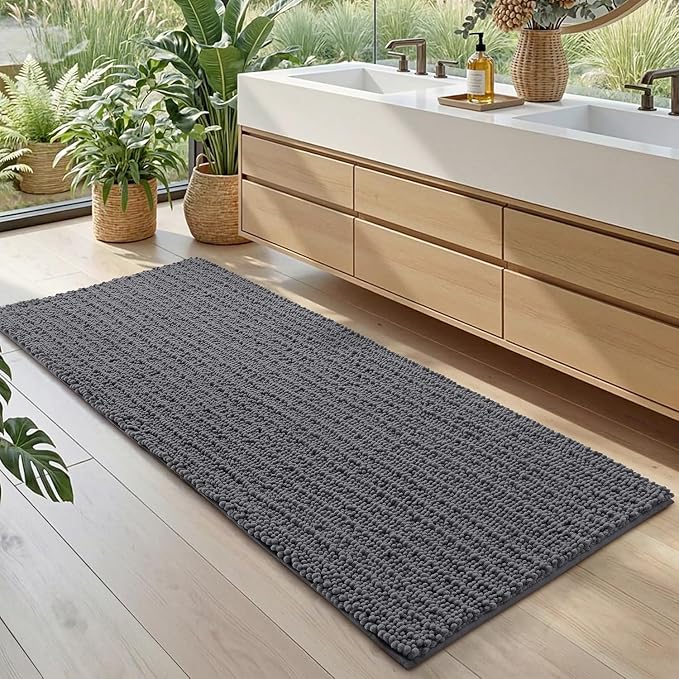 DEXI Bathroom Rugs 60x24, Super Soft Thick Chenille Absorbent Bath Mat, Non Slip Machine Washable Fluffy Shag Bathmat for Sink, Tub, Shower Floor, Grey