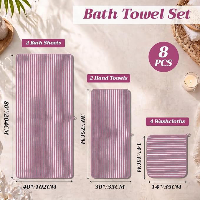 8 Pcs Oversized Bath Towels Set for Adults 40 x 80 Inches Extra Large Pink & White Striped Beach Towels Sheets Pool Shower Quick Jumbo Dry Absorbent Soft Microfiber for Hotel Bathroom