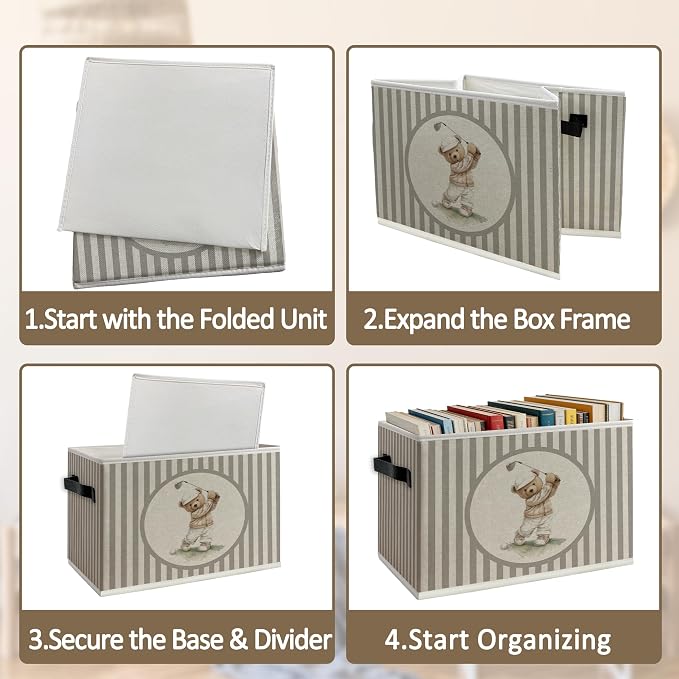 Vintage Golf Bear Storage Bins Box with Handles, Sports Kids Decor for Boys, Neutral Gingham Sports Ball Collapsible Organizer Basket for Nursery Room Bedroom Playroom Toys Books