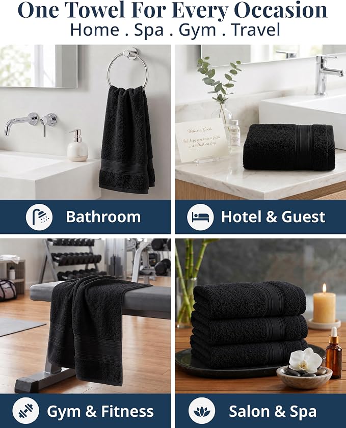 Black Hand Towels for Bathroom - 6 Pack (16"x28"), 100% Ringspun Cotton Hand & Face Towel - Soft, Prevent Fraying, Fade and Shrink Resistant - Daily Use Gym Towels for Men & Family Bathroom Hand Towel