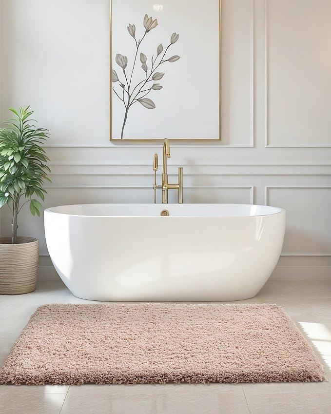 ILANGO Beige Bathroom Rugs 32" × 20" Non Slip & Super Absorbent Extra Thick Soft, Washable Bath Mat for Floor, Microfiber Plush Shaggy Bath Rug with Rubber for Bathtub Shower Room Sink