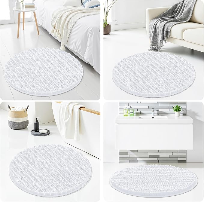 Smiry Bathroom Rugs Mat Round 30x30, Soft Absorbent Chenille Bath Rugs, Non Slip Rubber Backing Machine Washable Quick Dry Bath Mats for Bathroom Floor, Tub, Shower, Home Accessories, White