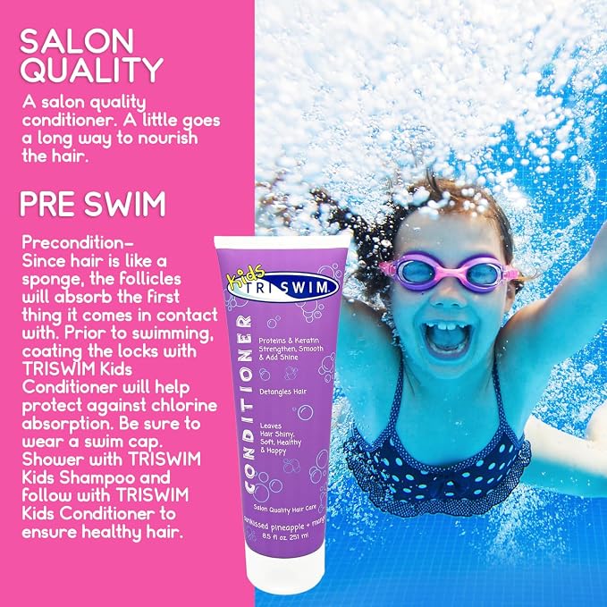 TRISWIM Kids Swim Conditioner 8.5oz | Strengthens, Moisturizes & Detangles | Leaves Hair Hydrated, Shiny & Smooth | Lightweight Formula for Everyday Use | Sunkissed Pineapple + Mango Scent