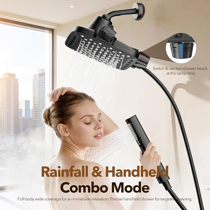 JDO High Pressure Rain Shower Head with Handheld Spray Matte Black, 7 Modes Dual Shower Head Combo, 10 Inch Rainfall Showerhead Detachable, Power Wash for Bathroom Cleaning