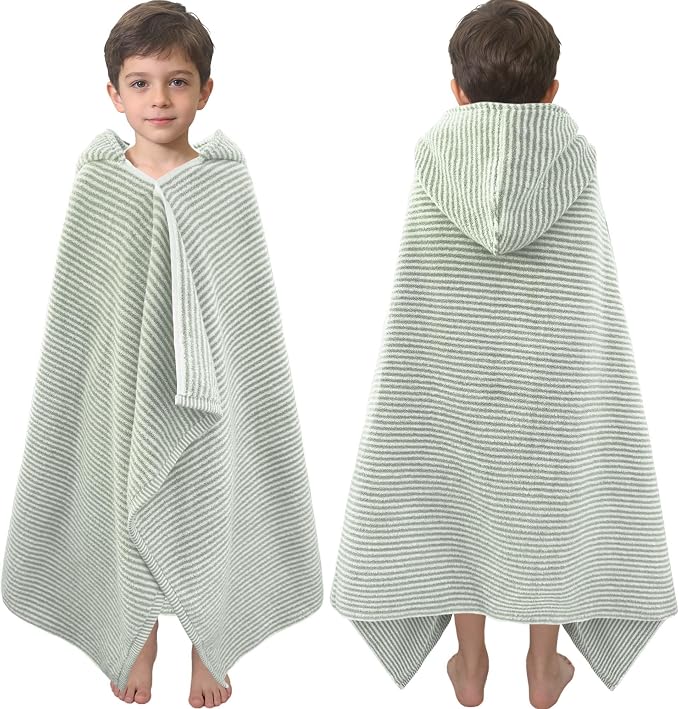 VOOVA & MOVAS Hooded Bath Towels for Kids | Soft Absorbent 100% Cotton Thick Towel Wrap | Versatile Beach, Pool, Swim & Bath Cover-Up | Green White Thin Horizontal Stripe