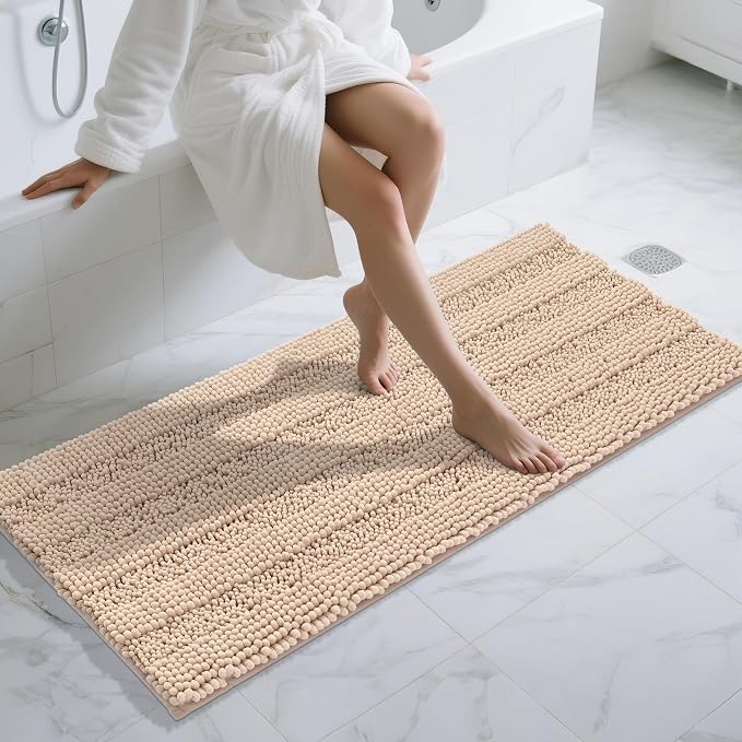Yimobra Chenille Bathroom Runner Rug 60 x 24, Ideal for Tub-Side and Narrow Bathroom Walkways, Non-Slip Super Absorbent Quick Dry, Ultra Plush Machine Washable Bath Runner, Beige