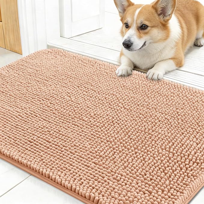 OLANLY Dog Door Mat for Muddy Paws 30x17, Absorbs Moisture and Dirt, Absorbent Non-Slip Washable Doormat, Quick Dry Chenille Mud Mat for Dogs, Entry Indoor Entryway Carpet for Inside Floor, Peach