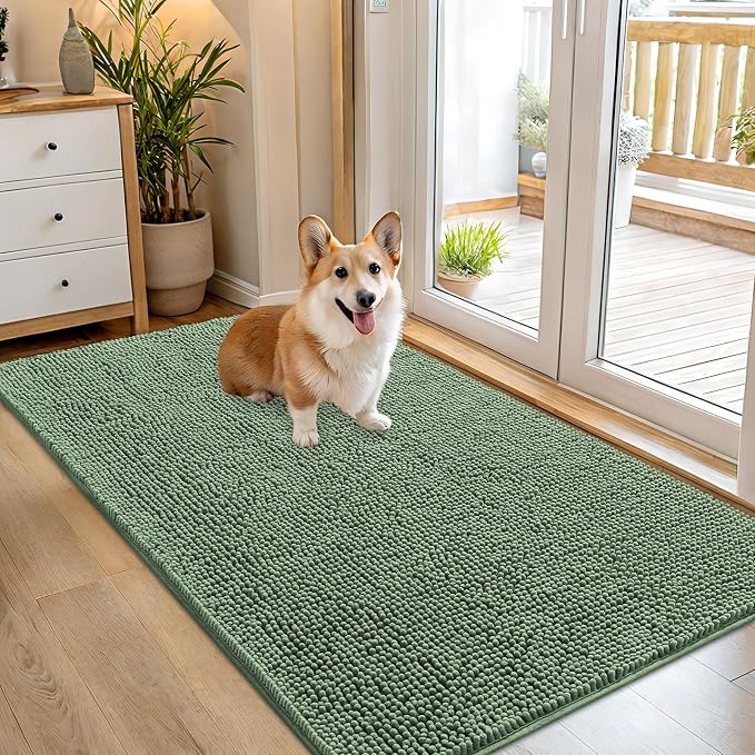 OLANLY Dog Door Mat for Muddy Paws 54x32, Absorbs Moisture and Dirt, Absorbent Non-Slip Washable Doormat, Quick Dry Chenille Mud Mat, Entry Indoor Entryway Carpet for Inside Floor, Olive Green