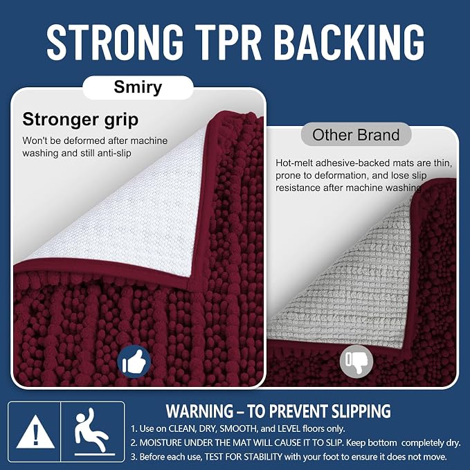 Smiry Bathroom Rugs Mat 44x24, Extra Soft Absorbent Chenille Bath Rugs, Non Slip Rubber Backing Machine Washable Quick Dry Bath Mats for Bathroom Floor, Tub, Shower, Home Decor Accessories, Burgundy