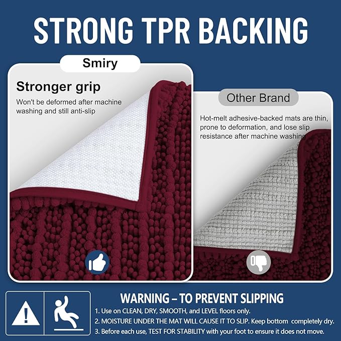 Smiry Bathroom Rugs Mat 47x24, Extra Soft Absorbent Chenille Bath Rugs, Non Slip Rubber Backing Machine Washable Quick Dry Bath Mats for Bathroom Floor, Tub, Shower, Home Decor Accessories, Burgundy