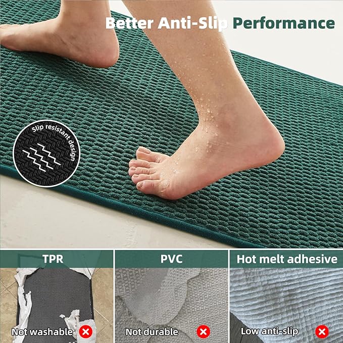 TYUU Bathroom Runner Rugs, Long Bath Mat Runner Washable Thin Quick Dry Low Pile Bathroom Runner Rugs Non Slip, Dark Green 24"x70"