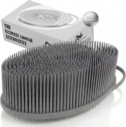 Avilana Silicone Body Scrubber for Shower – SGS Certified Food Grade Dual Sided Bath Brush, Gentle Exfoliating Silicone Loofah Alternative, Sensitive Skin Body Brush (Gray-Silver, Exfoliate)