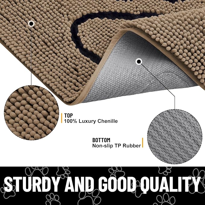 Smiry Dog Door Mat for Muddy Paws, Absorbent Dirt Trapper Non Slip Quick Dry Washable Chenille Mat for Mud Dogs, Entry Rug for Indoor and Outdoor (44x32 Inches, Camel and Black)