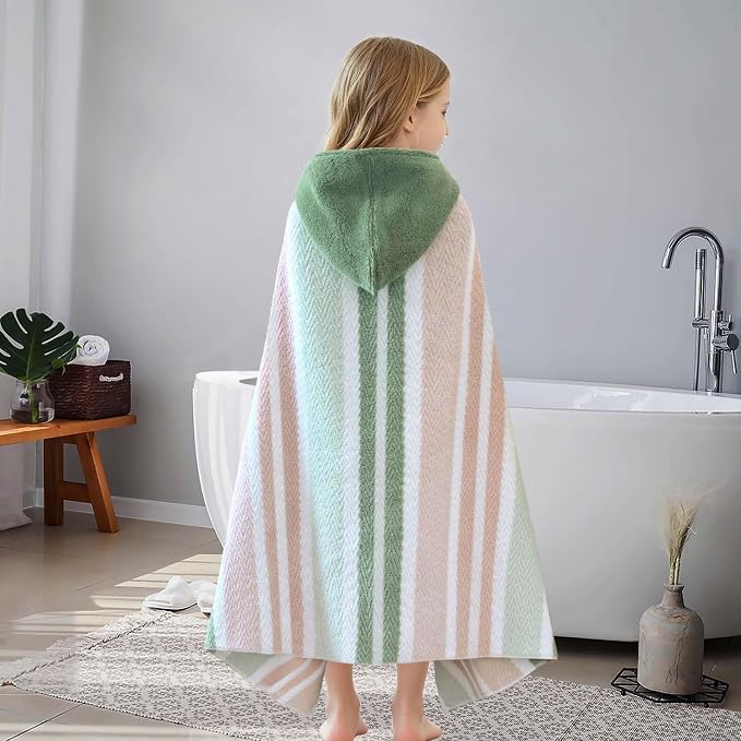VOOVA & MOVAS Kids Hooded Towel Wrap(Ages 6-10) – 100% Cotton, Soft & Absorbent, Fast-Drying, Versatile Beach, Pool, Swim & Bath Cover-Up, Green Blush Stripe
