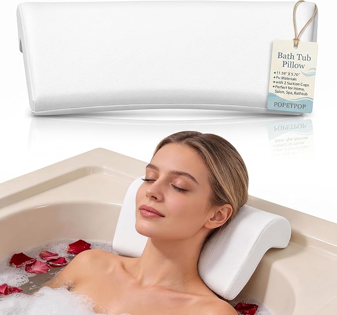 POPETPOP Bath Tub Pillow, Pu Bath Neck Pillows for Tub with 2 Suction Cups | Bath Essentials Neck Pillow for Head and Neck Support, Wave Bath Pillow for Home, Salon, Spa, Bathtub (11.59'' X 5.70'')