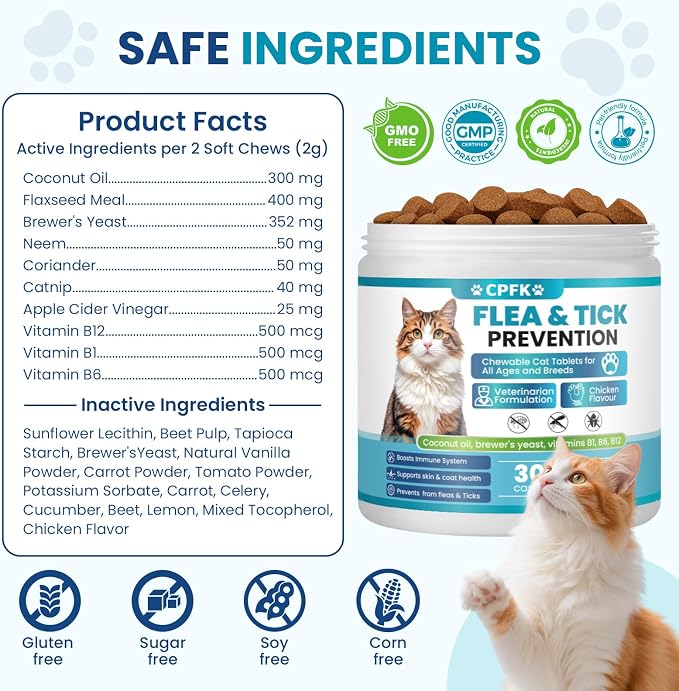 Chewable Flea Treatment for Cats Flea and Tick Prevention for Cats Chewables Fleas Chewables for Cat of All Breeds and Ages 300 Chewable Tablets