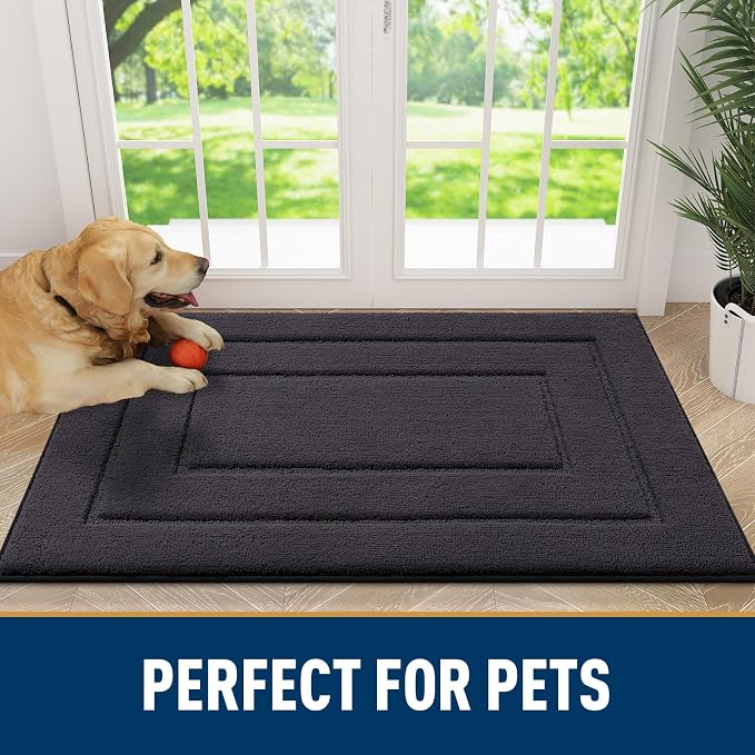 Smiry Dog Door Mat for Muddy Paws, Absorbs Moisture and Dirt, Low-Profile Entryway Mat with Non-Slip Backing, Entry Indoor Outdoor Doormat for Inside Floor (24x16 Inches, Dark Grey, Bordered)