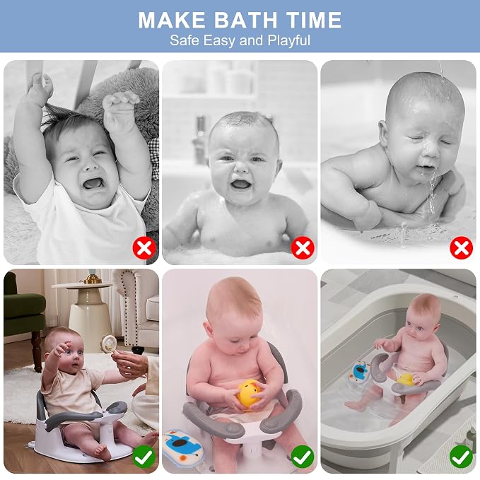 Baby Bath seat for Babies 6 Months & up, 360° Stable Toddler Bath Chair with one-Touch Button, Back Hollow Design, Water Temperature Card & 4 Suction Cups for Safety (Dark Gray)