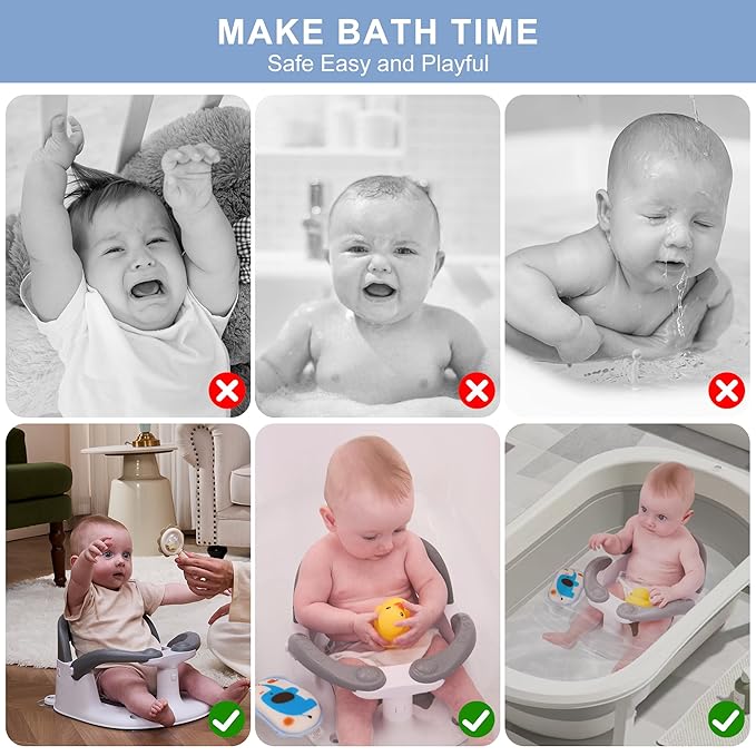 Baby Bath seat for Babies 6 Months & up, 360° Stable Toddler Bath Chair with one-Touch Button, Back Hollow Design, Water Temperature Card & 4 Suction Cups for Safety (Dark Gray)
