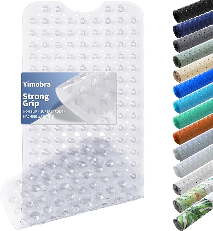 Yimobra Non Slip Bathtub Mat 40 x 16 Inch, Extra Long Shower Mat with Drain Holes, Machine Washable Baby Bath Mats, Strong Suction Cups for Bathroom Floor, Clear